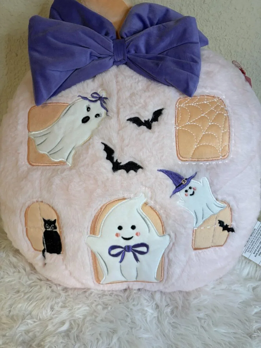 Halloween Ghost House Plush Pillow Pink Purple Bow Bats Spiderweb 19x18 NWT